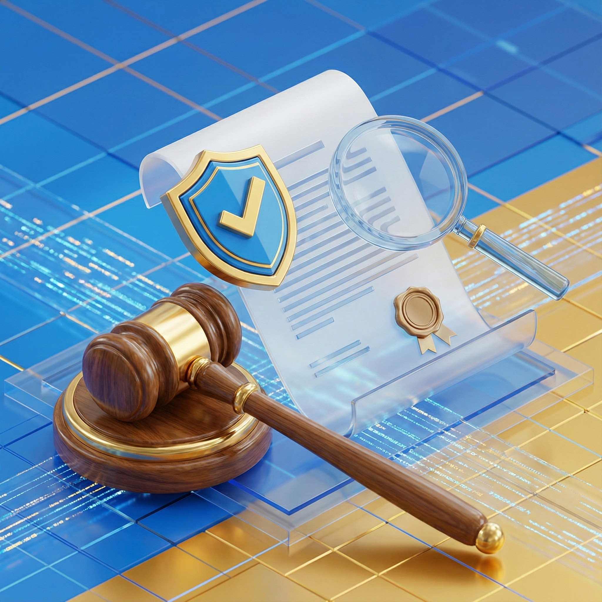 چکش مزایده در کنار سند رسمی، ذره‌بین و نشان تأیید برای نمایش فرایند بررسی و اعتبارسنجی آگهی‌ها