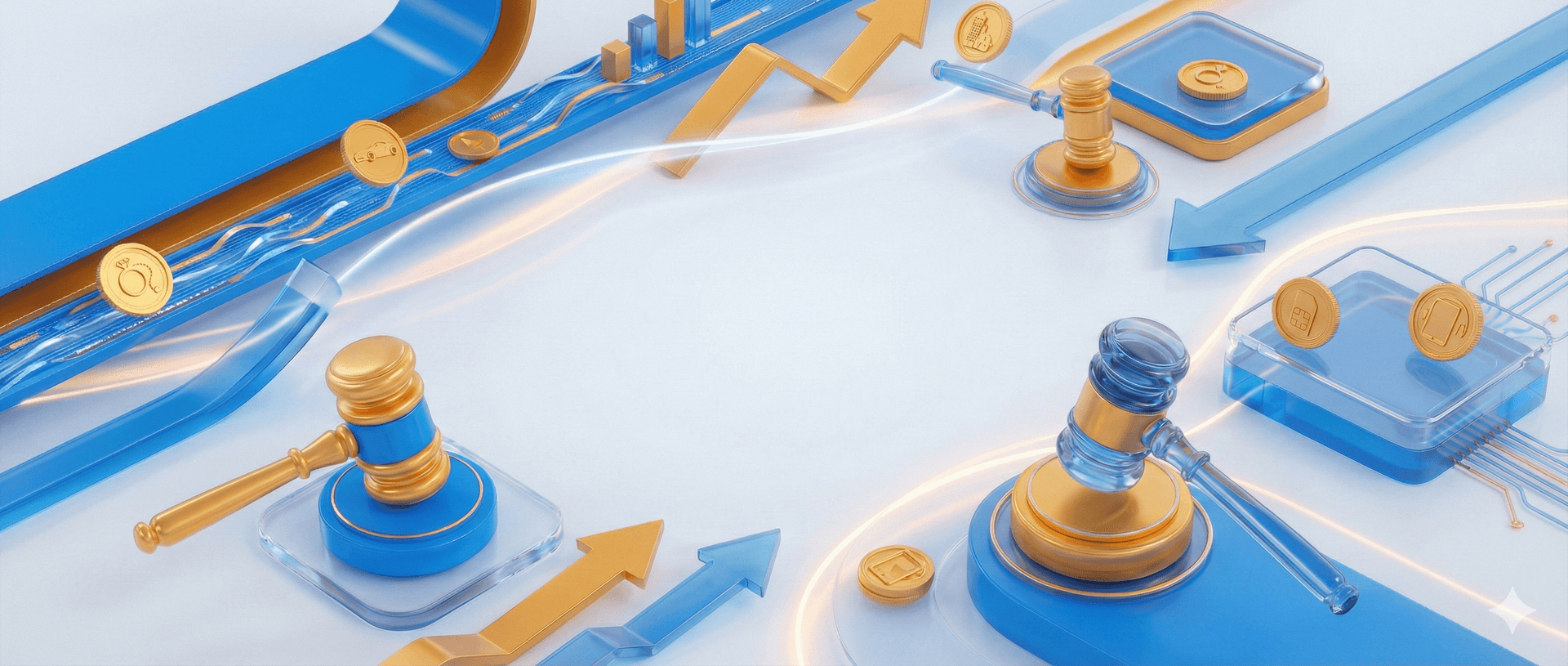 تصویری نمادین از چکش‌های مزایده، سکه‌ها و فلش‌های رشد برای نمایش فرآیند مزایده‌های پویا و پیشرفته